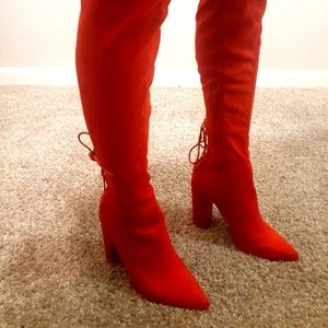 Red thigh high boots